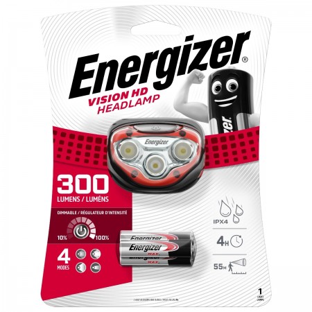 Energizer Vision HD Headlight 3 Led 300 Lumens IPX4 with Batteries 3 x AAA Red