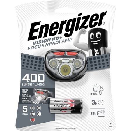 Energizer Vision HD+ Focus Headlight IPX4 3 LED 400 Lumens with Batteries 3 x AAA Grey