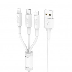 Data Cable Hoco X25 3 In 1 USB to Micro-USB, Lightning, USB-C Fast Charging 2.0A White 1m