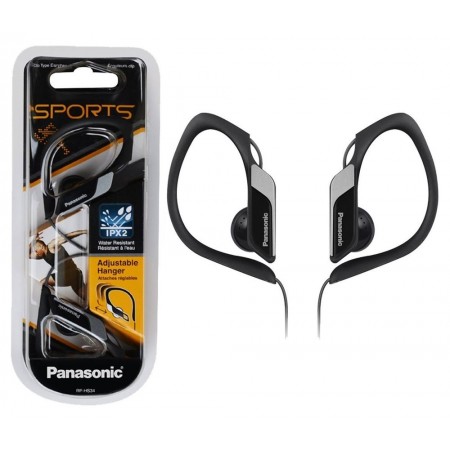 Earphone Panasonic RP-HS34E-K 3.5mm IPX2 Black with Adjustable Hanger for mp3, iPod and Sound Devices without Microphone