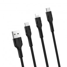 Data Cable Hoco U31 Benay Braided with Nylon Cord 3 in 1 USB to Micro-USB, Lightning, USB-C Black 1.2m