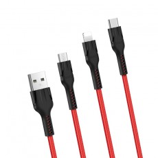 Data Cable Hoco U31 Benay Braided with Nylon Cord 3 in 1 USB to Micro-USB, Lightning, USB-C Red 1.2m