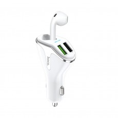 Car Charger Hoco E47 Traveller with Wireless Headset, Dual USB QC3.0 DC5V and 18W White
