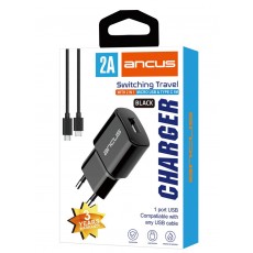 Travel Charger Ancus Supreme Series USB 5V / 2A with 2 in 1 Cable USB to Micro USB / USB-C 2A 1m Black