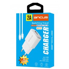 Travel Charger Ancus Supreme Series USB 5V / 2A with 2 in 1 Cable USB to Micro USB / USB-C 2A 1m White