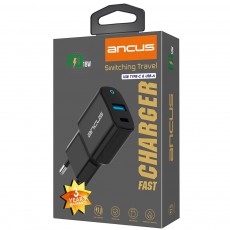 Travel Charger Ancus Supreme Series Dual with USB and USB-C PD 18W 5V/3.4A Black with LED indicator