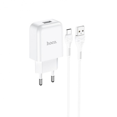 Travel Charger Hoco N2 Vigour with USB 5V 2.0A White With Cable USB to USB-C 3.0A 1m White