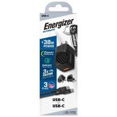 Travel Charger Energizer with Dual Port USB-C/A 38W PD20W QC3 18W, USB-C/USB-C Cable