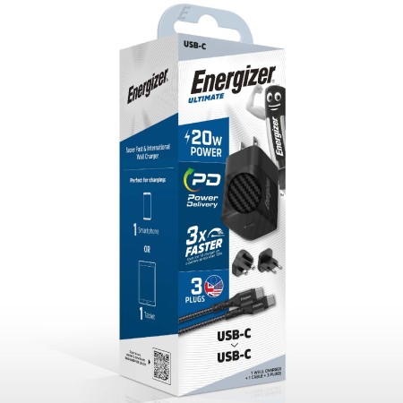 Travel Charger Energizer Universal Converter US EU UK, USB-C Port 20W USB-C/USB-C Cable Black