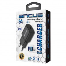 Travel Charger Switching Ancus Supreme Series C70 Fast Charge with USB-C Έξοδο QC 3.0 PD 20W  5V/3A Black