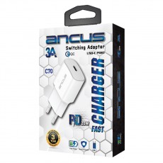 Travel Charger Switching Ancus Supreme Series C70 Fast Charge with USB-C Έξοδο QC 3.0 PD 20W 5V/3A White