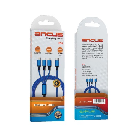 Cable Ancus Flow Plus E54 USB-C 3 in 1 Micro-USB, USB-C, Lightning 3.0A Reinforced Plugs and Braided Cable Blue 1m.