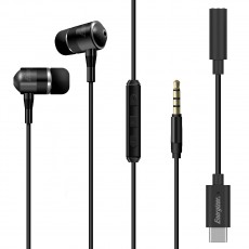 Hands Free Energizer UIC30 Metal Stereo 3.5 mm with USB-C Adapter to 3.5 mm and Power Buttons 1.2 Black