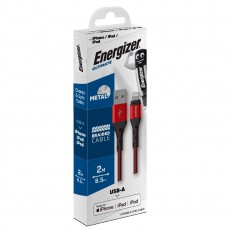 Data Cable Energizer Metal / Braided Nylon to Lightning Apple Certified MFI 2m Red