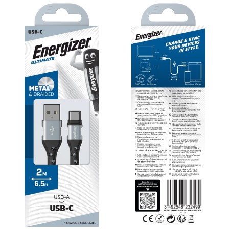 Data Cable Energizer Metal / Braided Nylon USB-A to USB-C Silver 2m