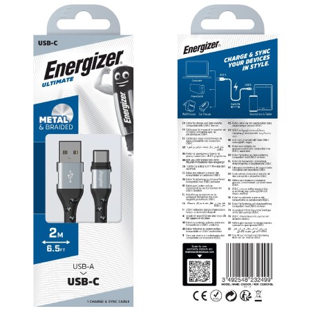 Data Cable Energizer Metal / Braided Nylon to USB-C 2m Silver