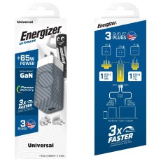 Energizer Travel Charger A65MU PD65W Quick Charge 1 x USB-C 1 x USB-A with Detachable Plug EU / UK / US Silver