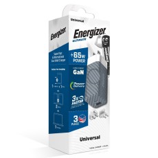 Energizer Travel Charger A65MU PD65W Quick Charge 1 x USB-C 1 x USB-A with  EU / UK / US Silver GaN Tech