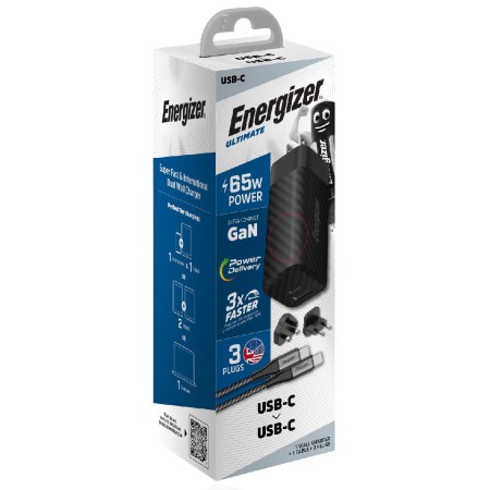 Energizer A65MUC Travel Charger with USB-C to USB-C PD65W Cable and USB-C USB-A Output EU / UK / US Black GaN Tech