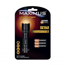 Flashlight Aluminum Maximus 5W Led 135 Lumens IPX4 with Duracell AAA Batteries Black
