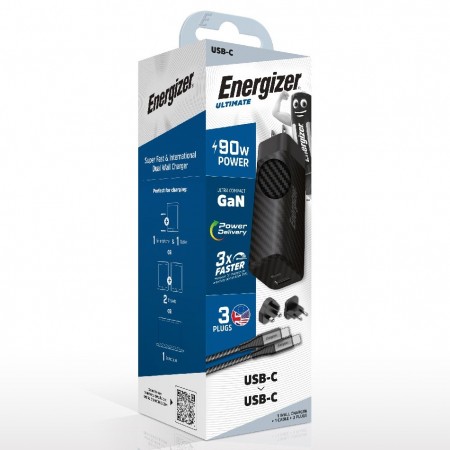 Travel Charger Energizer A90MUC Universal Converter US EU UK, USB-C/USB-A Port 90W USB-C/USB-C Cable Black