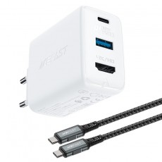 Travel Charger Multifunctional Acefast A17 USB-C+USB-A+HDMI with USB-C Cable PD65W QC3.0 GaN White