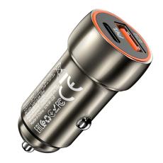Car Charger Hoco Z46A Blue Whale USB-C PD20W to USB 18W QC3.0 5V/3A  Grey. Supports fast charging protocols. Material: aluminum alloy + ABS material. Length x diameter: 54x25mm. Weight: 20g