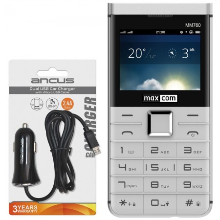 Maxcom MM760  (Dual Sim) 2.3" withLarge Buttons,Bluetooth, Camera White + Car Charger Ancus Micro USB 2400mAh 5V 12W