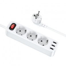 Power Strip Hoco NS2 with 3 x Inlet Sockets 4000W + 3 x USB-A Output 12W 5V/2.4A and On/Off Switch with Cable 1.8 m White