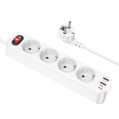 Power Strip Hoco NS1 Aura with 4 x Inlet Sockets 4000W + 2 x USB-A QC3.0 + 1 x USB-C PD20W 5V/3A and On / Off Switch with Cable 1.8m White