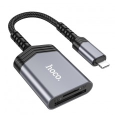 Memory Card Reader Hoco UA25 2 in 1 Lightning 480Mbps and 2TB for Micro SD/SD OTG Short and Anti-bending Cable Metal Grey
