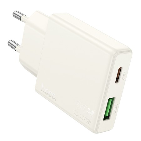 Travel Charger Hoco N45 Biscuit Ultra Thin Dual Port Charging USB-C PD30W and USB 18W QC3.0 Moonlight White