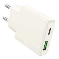 Travel Charger Hoco N45 Biscuit Ultra Thin Dual Port Charging USB-C PD30W and USB 18W QC3.0 Moonlight White