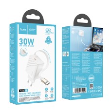 Hoco N58 Travel Charger 30W with 1xUSB-C port and 1xUSB-C Retractable Cable 65cm White