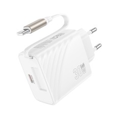 Hoco N58 Travel Charger 30W with 1xUSB-C port and USB-C Retractable Cable 65cm White