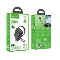 Hoco N57 Travel Charger 20W with 1xUSB-C port and 1xUSB-C Retractable Cable 65cm Black