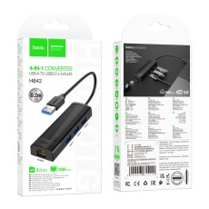 Adapter Hoco HB42 USB to 3 χ USB 3.0  and RJ45 with Data Transfer 1000Mbps Black