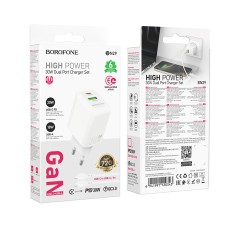 Travel Charger Borofone BN29 Fuente USB-C 30W + Charging Cable USB-C to USB-C White