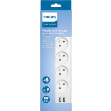 Power Strip Philips SPN3042WA/19 with 4 Inlet Sockets On / Off Switch and 2 USB Ports 2m Cable White