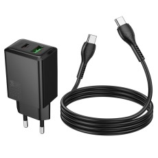 Travel Charger Hoco N71 Nuevo Dual Port GaN PD30W QC3.0A 1xUSB-C and 1xUSB-A Black + Cable Type-C to Type-C Black 1m