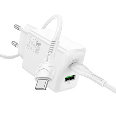 Travel Charger Hoco N71 Nuevo Dual Port GaN PD30W QC3.0A 1xUSB-C and 1xUSB-A White + Cable Type-C to Type-C White 1m