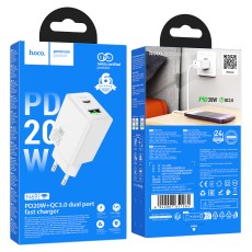 Travel Charger Hoco N69 Nuevo Dual Port PD20W 1xUSB-C and 1xUSB-A 5V QC3.0A White