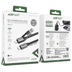 Data Cable Acefast C13-05 USB-C / USB-A  to USB-C PD60W 3A Fast Charge USB2.0 Braided Black 0.2m