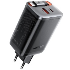 Travel Charger Acefast A111 Fast Charging USB-C and USB-A PD67W QC3.0 GaN and Retractable USB-C Cable 0.65m Black