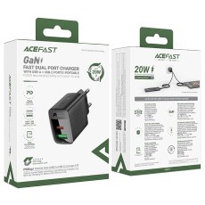 Travel Charger Acefast A78 Fast Charging 1xUSB-C 1xUSB-A PD20W QC3.0 GaN Black
