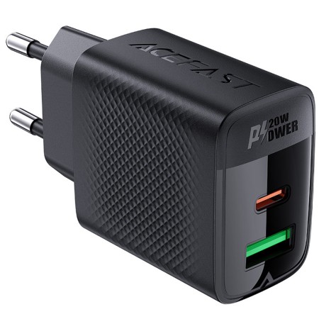 Travel Charger Acefast A78 Fast Charging 1xUSB-C 1xUSB-A PD20W QC3.0 GaN Black