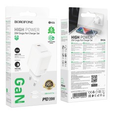 Travel Charger Borofone BN26 Fuente Mini Size GaN USB-C PD20W + Charging Cable USB-C to Lightning White