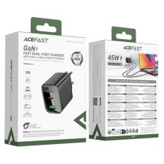 Travel Charger Acefast A106 Fast Charging 1xUSB-C + 1xUSB-A PD45W GaN Black