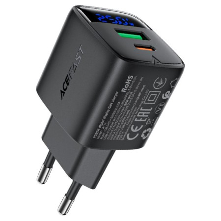 Travel Charger Acefast A114 Fast Charging 1xUSB-A + 1xUSB-C PD25W QC3.0 GaN with LED Digital Display Black