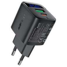 Travel Charger Acefast A114 Fast Charging 1xUSB-A + 1xUSB-C PD25W QC3.0 GaN with LED Digital Display Black